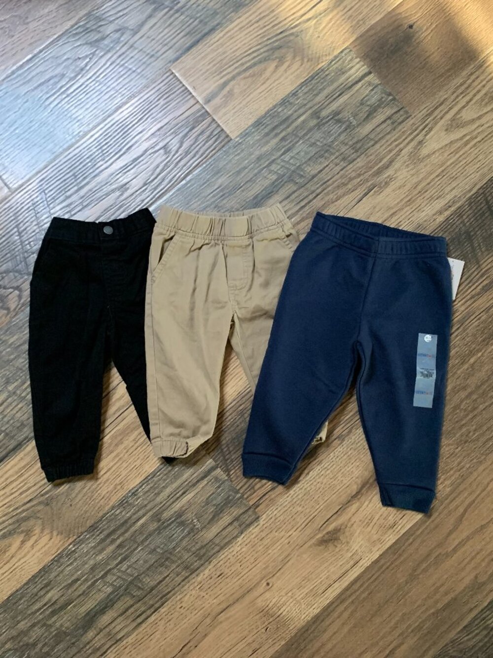 3 Pairs Garanimals size 12 Month Pull On Pants (Tan-Black and Navy)